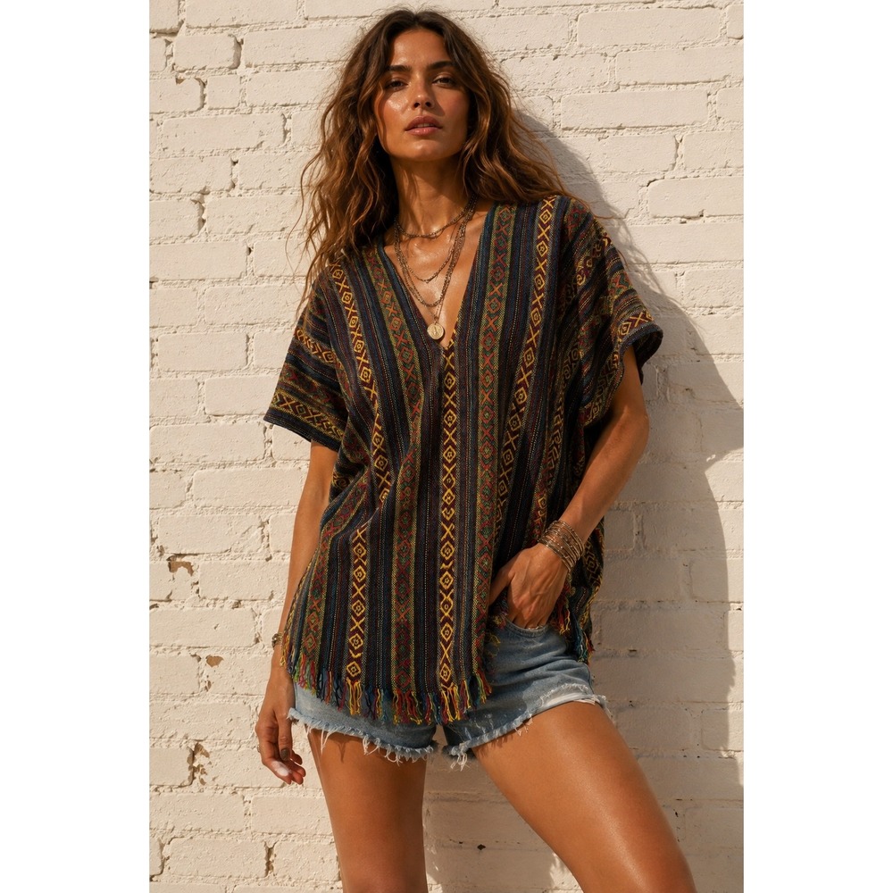 Elephant Jungle Sanctuary Multicolor Cotton Woven Tunic Boho Fringe Top Medium